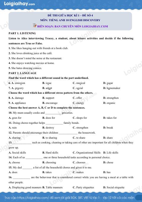 Đề thi giữa kì 1 Tiếng Anh 10 English Discovery - Đề số 4